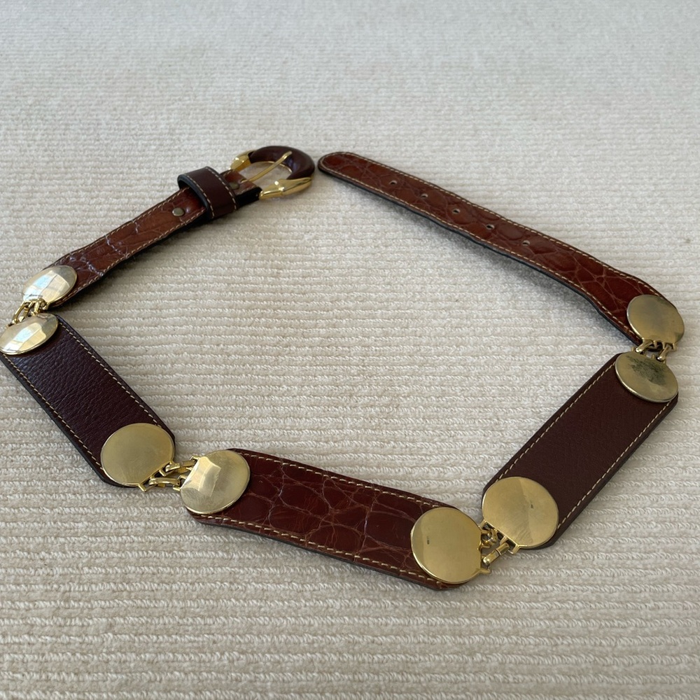 Women's Brown Leather Belt with Gold-Tone Accents - Picture 2 of 12